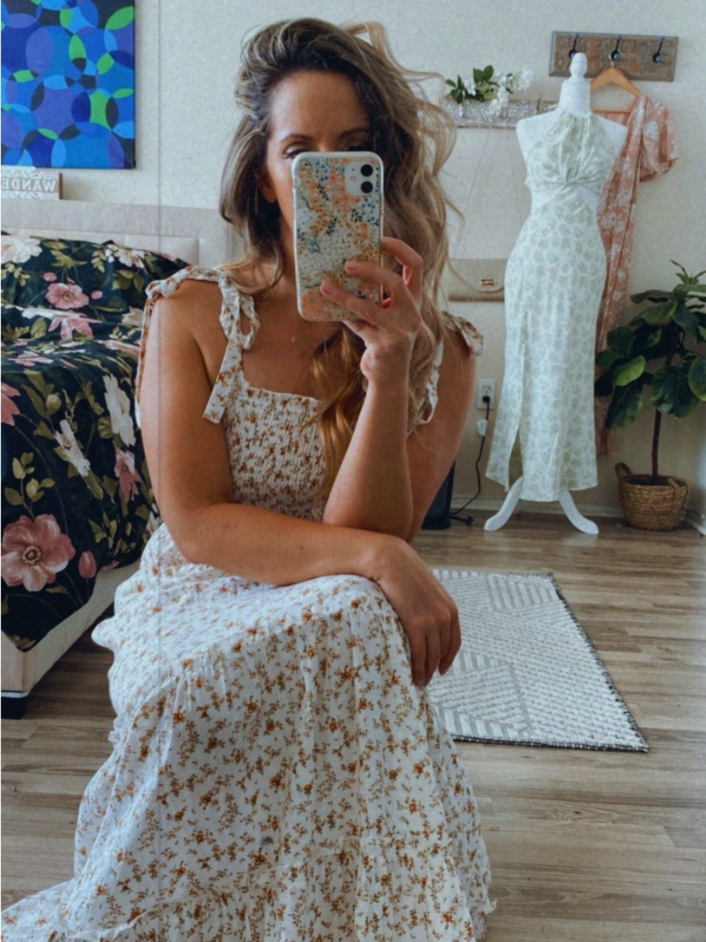Dress Forum White Maxi Dress with Brown Floral Print and Tie Straps